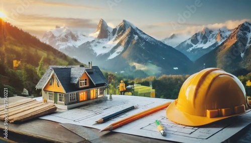 Working site of contractor helmet, pencil, house on the design paper