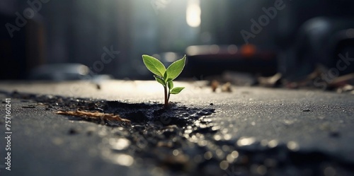 A green sprout breaks through the asphalt