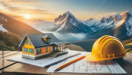 Working site of contractor helmet, pencil, house on the design paper
