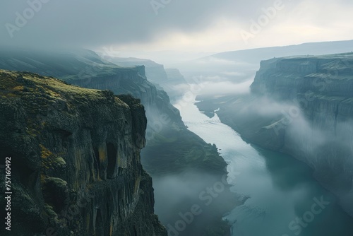 A river gracefully winds its way through a misty canyon, creating a serene and captivating scene, A deep river canyon with steep cliffs and foggy mornings, AI Generated