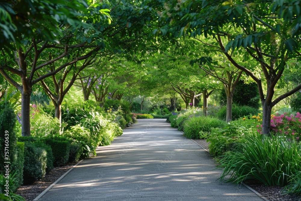 A peaceful pathway stretches amidst a row of trees and plants, right beside a well-paved sidewalk, A delightful view of a tree-lined pathway in a bountiful botanical garden, AI Generated A peaceful pathway stretches amidst a row of trees and plants, right beside a well-paved sidewalk, A delightful view of a tree-lined pathway in a bountiful botanical garden, AI Generated