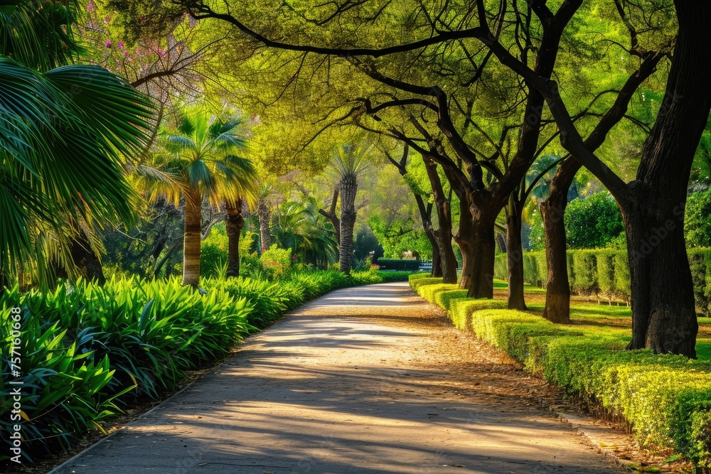 A peaceful road flanked by trees and bushes runs alongside a vibrant green park, A delightful view of a tree-lined pathway in a bountiful botanical garden, AI Generated