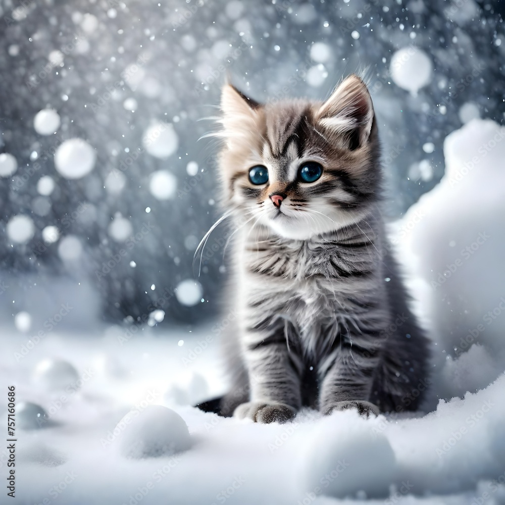 Cute little gray kitten sitting on the snow with copy space for text. Snowy winter background. Christmas background