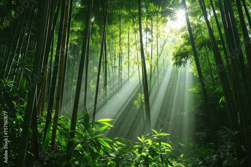 A serene and captivating scene of sunlight filtering through the lush green bamboo trees in a peaceful forest  A dense bamboo forest with rays of sunlight peeking through  AI Generated