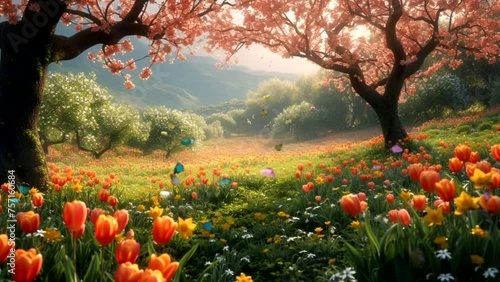 Spring scenery in a field of pink flowers and leaves and butterflies in the morning Seamless looping time-lapse animation Video background Generated AI photo
