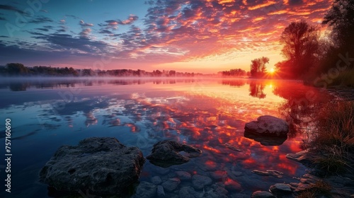 Majestic Sunrise over Tranquil Lake with Reflective Water