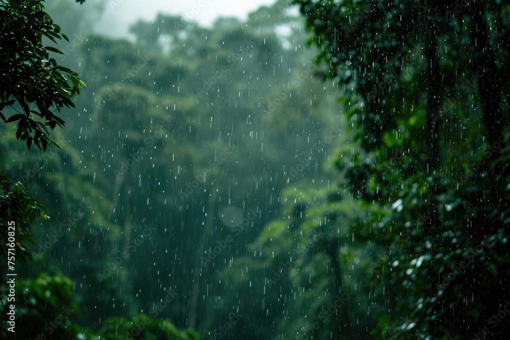 A captivating photo of a rain shower amidst towering trees in a lush forest, with raindrops glistening in the air, A dense forest canopy obscuring a rainfall, AI Generated