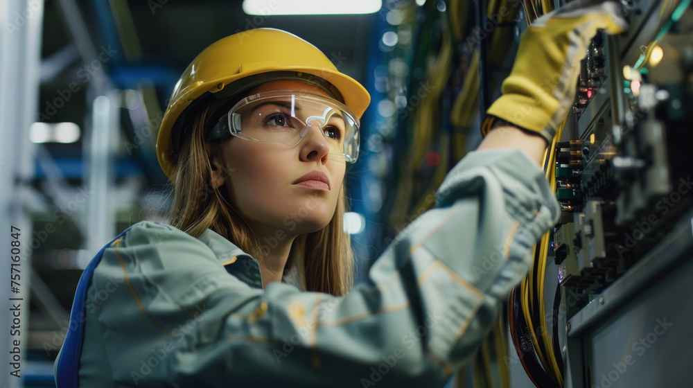 Serious female engineer with safety gear analyzing or troubleshooting equipment in a manufacturing environment Serious female engineer with safety gear analyzing or troubleshooting equipment in a manufacturing environment