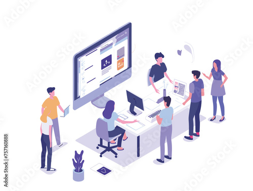  A team gathers around a prototype of a new product offering suggestions and testing its functionality. (Product development meeting) 