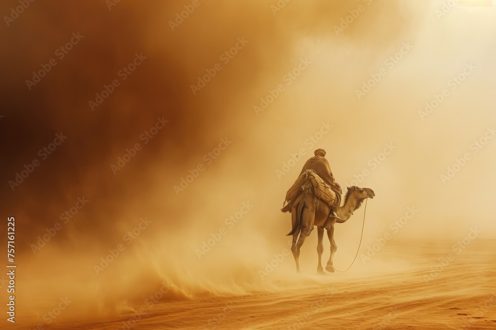 Fototapeta premium A man effortlessly rides a camel in the desert, traversing the vast expanse of sand under the clear blue sky, A desert nomad and his camel trudging against a sandstorm, AI Generated