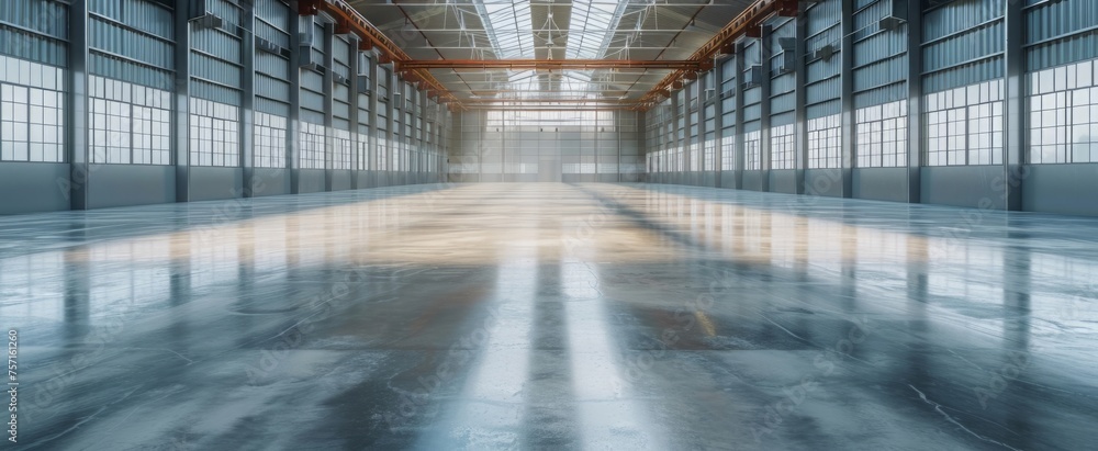 Expansive Industrial Warehouse Interior with High Ceilings, Large Windows and Sunlight Casting on Polished Concrete Floor - obrazy, fototapety, plakaty 