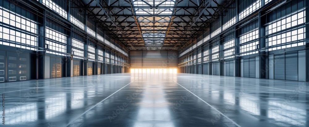 Spacious Modern Industrial Warehouse Interior with High Ceilings and Bright Natural Sunlight Gleaming Through Large Windows at Sunset Time