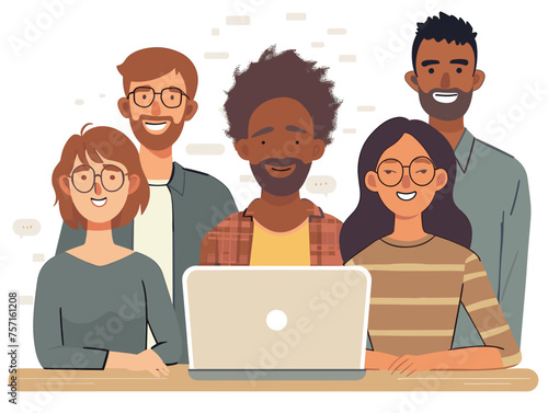  A team huddles around a laptop screen participating in a video conference call with international partners. (Global business meeting) 