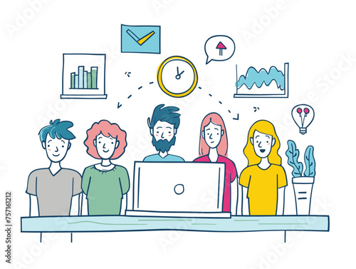  A team huddles around a laptop screen participating in a video conference call with international partners. (Global business meeting) 