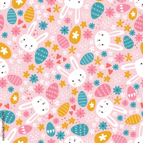 Easter concept with colourful eggs, cute bunnies and flowers. Seamless pattern. Great for textiles, banners, wallpapers, wrapping - vector design © TALVA