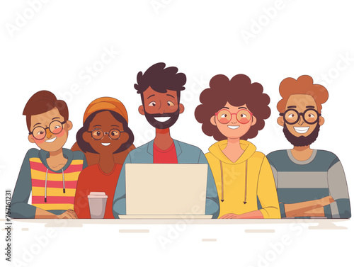  A team huddles around a laptop screen participating in a video conference call with international partners. (Global business meeting) 