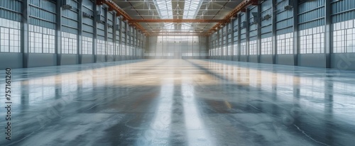 Expansive Industrial Warehouse Interior with High Ceilings, Large Windows and Sunlight Casting on Polished Concrete Floor
