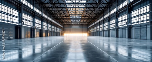 Spacious Modern Industrial Warehouse Interior with High Ceilings and Bright Natural Sunlight Gleaming Through Large Windows at Sunset Time
