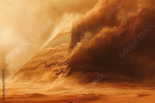 A captivating photo capturing the essence of a desert with dust swirling in the air, A desert sandstorm swallowing an ancient pyramid, AI Generated
