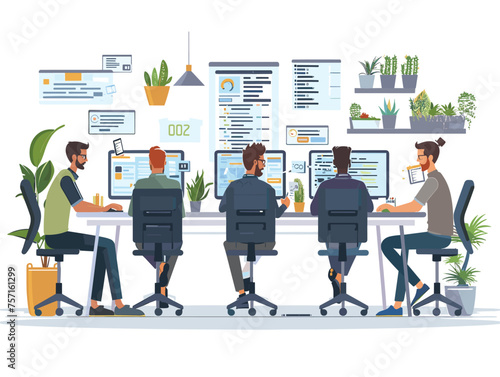 A team of developers works collaboratively in a modern office space tapping away at keyboards and discussing code solutions. (Software development) 