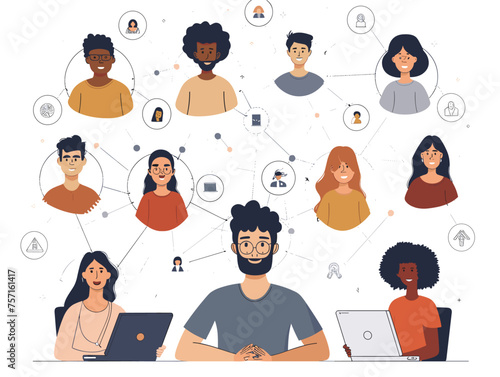  A team works remotely from different locations collaborating on a project through online communication tools. (Virtual teamwork) 
