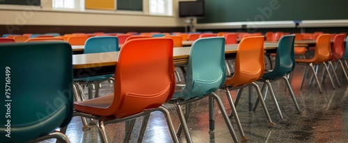 Colorful Classroom Chairs in a Modern Educational Environment with Empty Desks Awaiting Students in a Well-Lit Learning Space