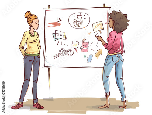  Two colleagues brainstorm new marketing ideas on a whiteboard sketching visuals and jotting down slogans. (Creative brainstorming) 
