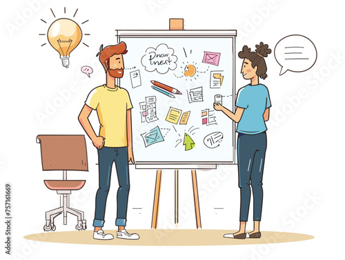  Two colleagues brainstorm new marketing ideas on a whiteboard sketching visuals and jotting down slogans. (Creative brainstorming) 