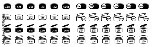 Cosmetic open month life shelf set. Expiration period symbols. PAO icons of cosmetic open life shelf. vector