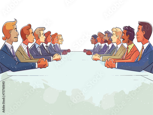  Two opposing teams sit across a long table their expressions tense as they negotiate the terms of a crucial business deal. (Contract negotiation) 