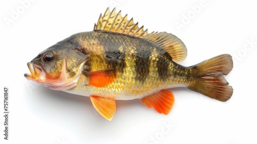 Vibrant Yellow Perch Isolated on White, A detailed Yellow Perch fish with striking orange fins presented on a pure white background.