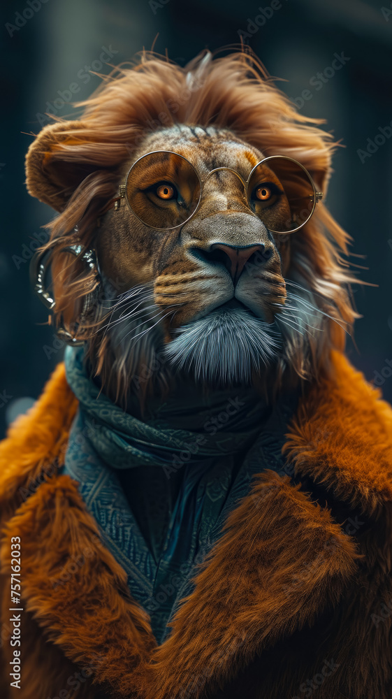 Regal lion roams urban streets in refined attire, epitomizing street style. The realistic city backdrop frames this majestic feline, seamlessly blending wild majesty with contemporary fashion in a cap
