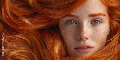 A captivating beauty portrait of a young woman with shiny red hair, exuding glamour and elegance.