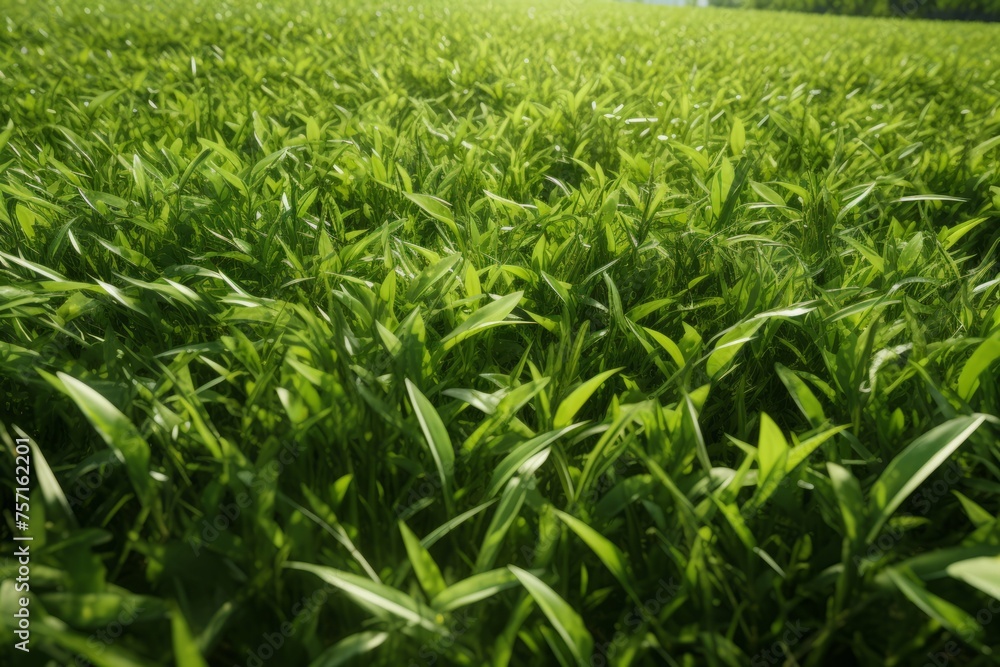 Fototapeta premium a green grass field with many leaves on it
