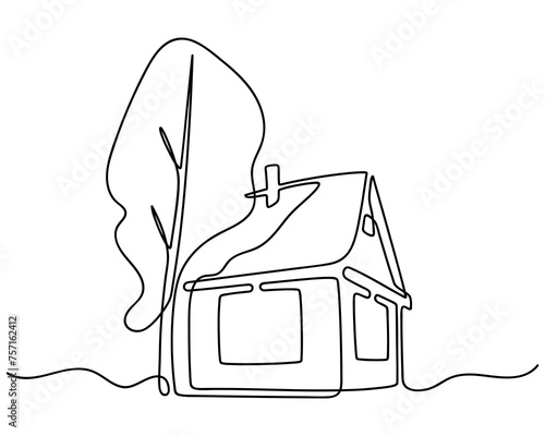 Continuous One Line drawing of House with Tree. Abstract small country wooden house in minimalism style. Continuous hand drawn sketch. Vector