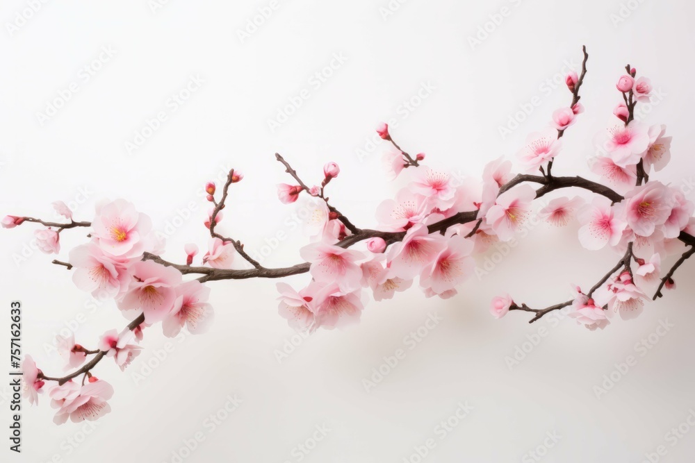 a pink cherry tree branch against a white background a pink cherry tree branch against a white background