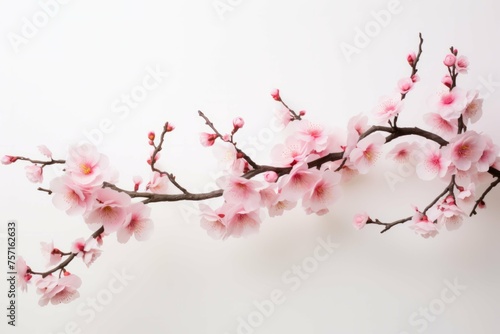 a pink cherry tree branch against a white background