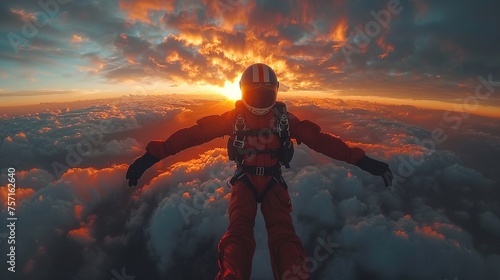 Skydiver in free fall at sunset. Extreme and sporty lifestyle with beautiful skies. Parachute jump. photo