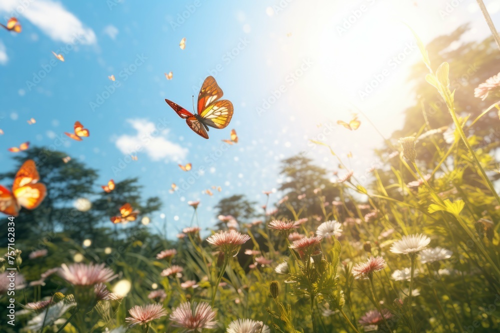 an image of butterflies flying above a field in the springtime an image of butterflies flying above a field in the springtime