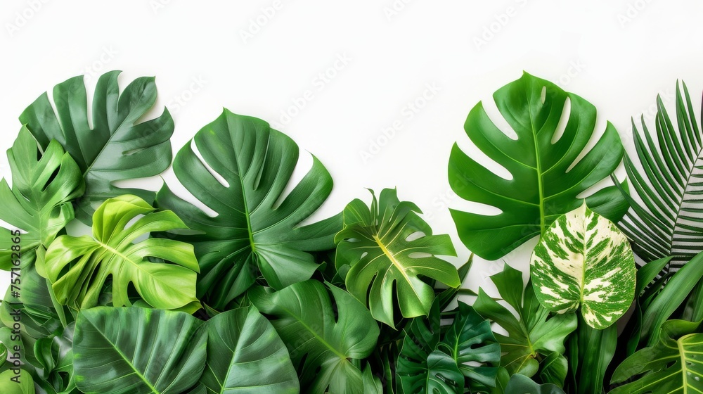 Assorted Tropical Green Leaves on White, A lush arrangement of various tropical green leaves, offering a natural and vibrant aesthetic on a white background. isolated on white Assorted Tropical Green Leaves on White, A lush arrangement of various tropical green leaves, offering a natural and vibrant aesthetic on a white background. isolated on white