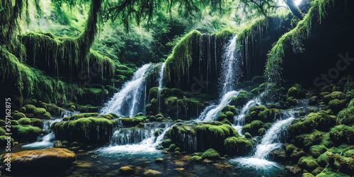 Enchanted Waterfall. A waterfall cascades down moss-covered rocks, revealing a secret grotto behind its veil. © Olga Khoroshunova