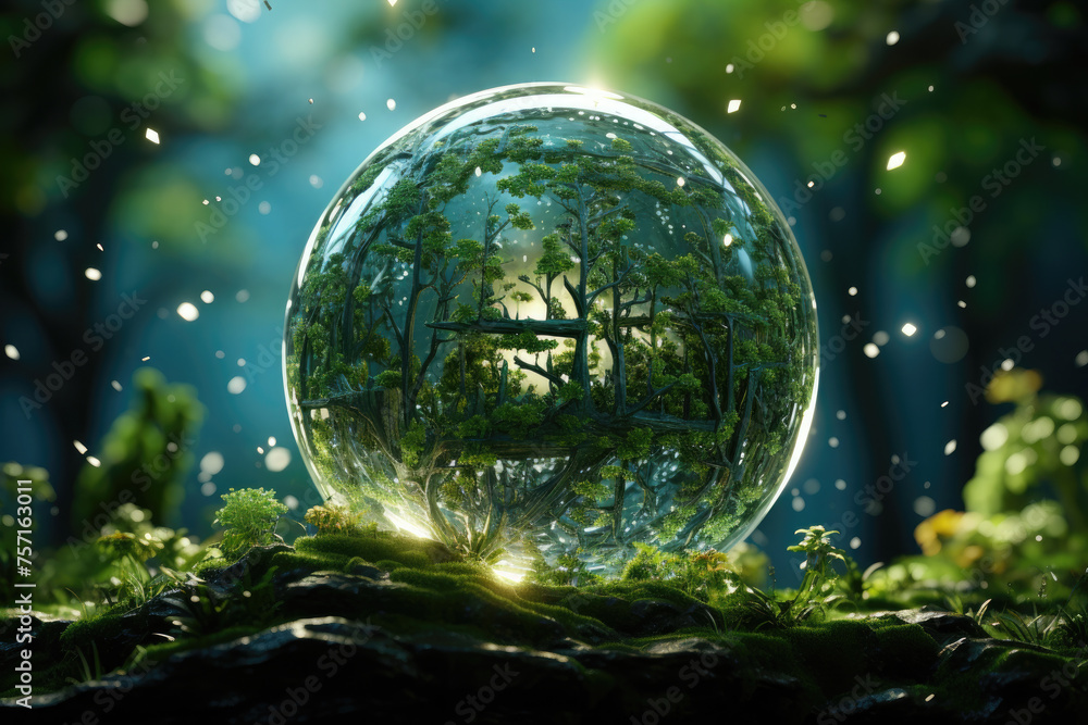 Crystal globe on the grass against green nature background. Environment Earth Day. Ecology. Save clean planet