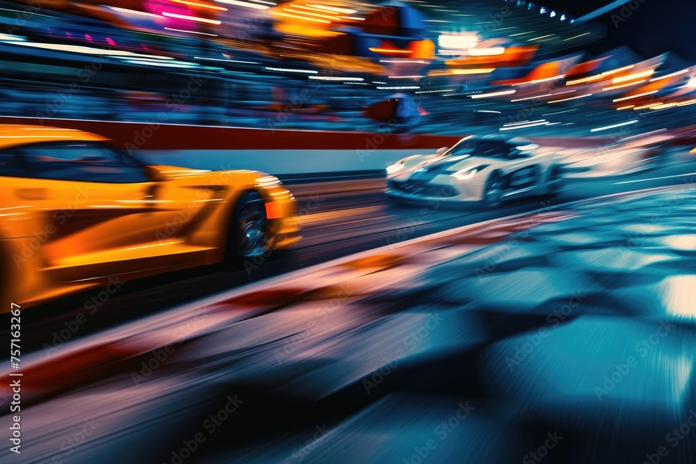 An exhilarating snapshot capturing two cars racing on a race track in a fast-paced, adrenaline-fueled moment, A dramatic slow motion scene of sports cars zooming past the finish line, AI Generated