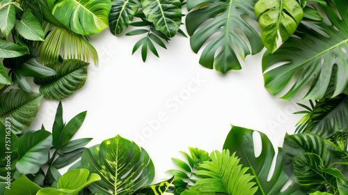 Tropical Leaf Border with White Center Space, An elegant frame composed of various tropical leaves with a central white space for design versatility. photo