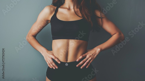 An athletic woman's torso is captured in a close-up, showcasing her fitness level and black workout attire