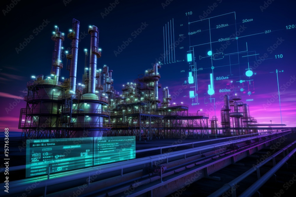 an oil refinery on the oil pipeline with a line graph