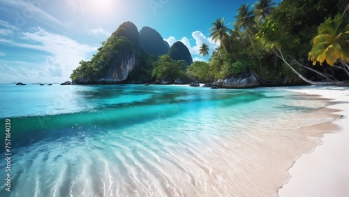 a beach with a blue ocean and a mountain range in the background with a sun shining on the water