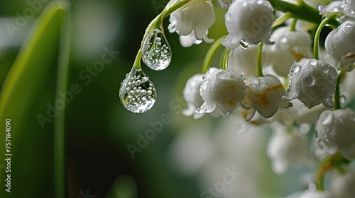 White flowers Lilly of The Valley with rain water drops in garden. Lily of the valley (Lily-of-the-valley) white small fragrant flowers in green leaves. Convallaria majalis woodland flowering plant.