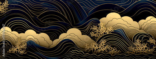 Horizontal Luxury Image of Elegant Gold Pattern on Black Background in Japanese Style © PETR BABKIN