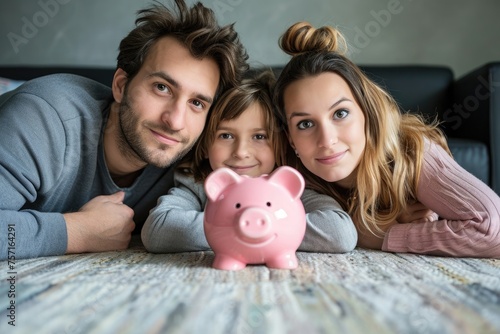 A photo of a man, alongside two women, lying on a bed while surrounded by a pink piggy bank, A family shrinking their budget due to inflation, AI Generated
